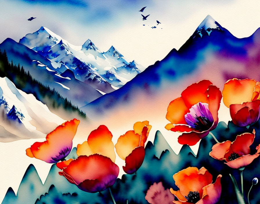 Vivid watercolor painting of red poppies, snowy mountains, and flying birds