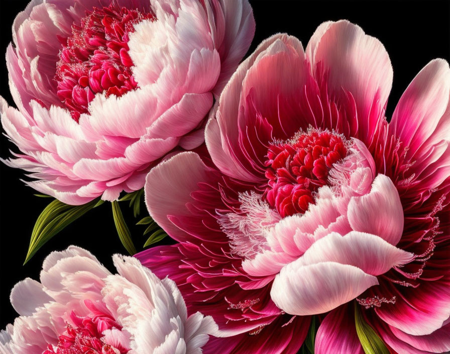 Vibrant Pink Peony Flowers with Multi-Layered Petals on Dark Background