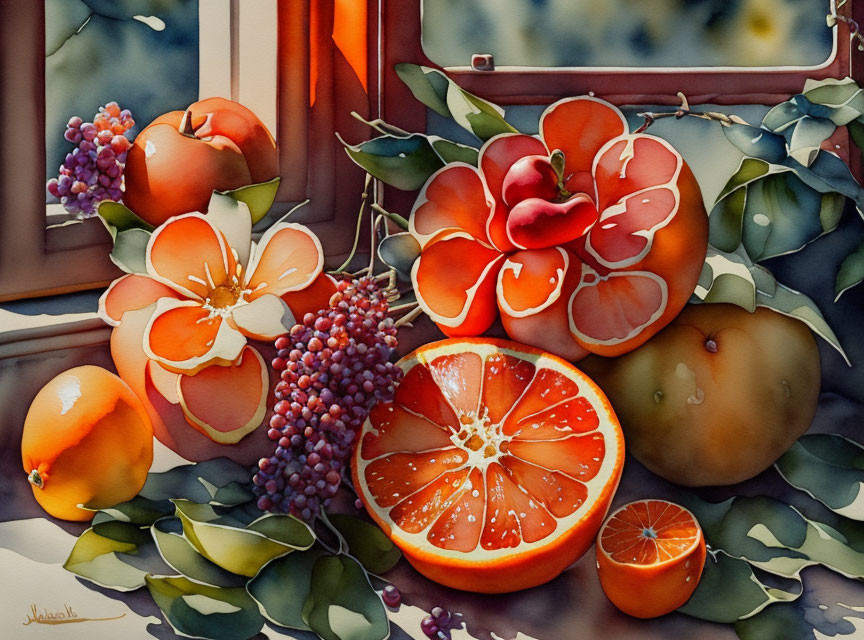 Vibrant Citrus Fruits and Berries Watercolor Painting with Lush Leaves