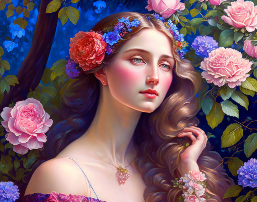 Young woman portrait with floral crown and roses backdrop