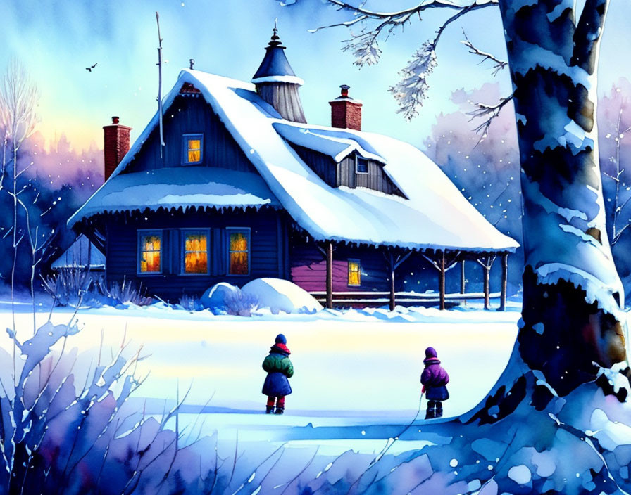 Winter scene: Snowy cottage with glowing windows, children in coats on snowy path.