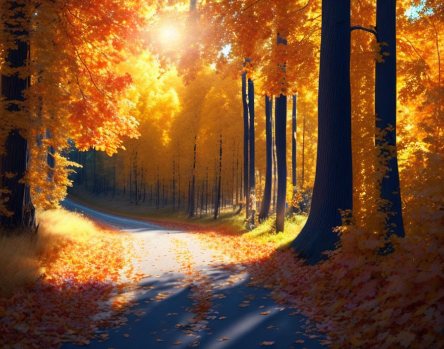 Vibrant autumn forest path with orange and red leaves, sunlight, shadows