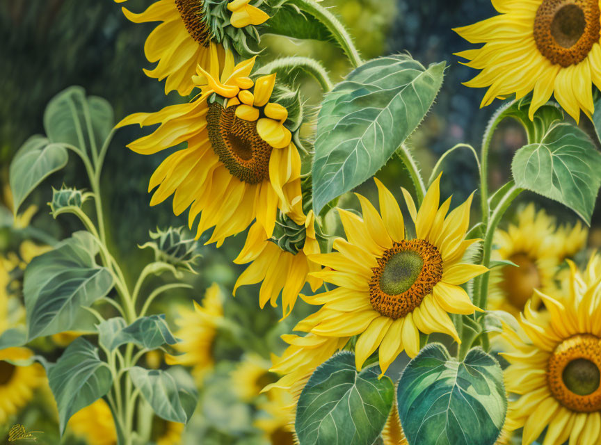 Bright Sunflowers Blooming in Green Garden