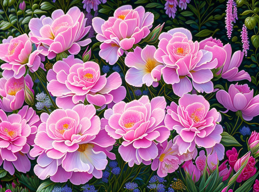 Detailed Pink Peonies Painting on Green Floral Background