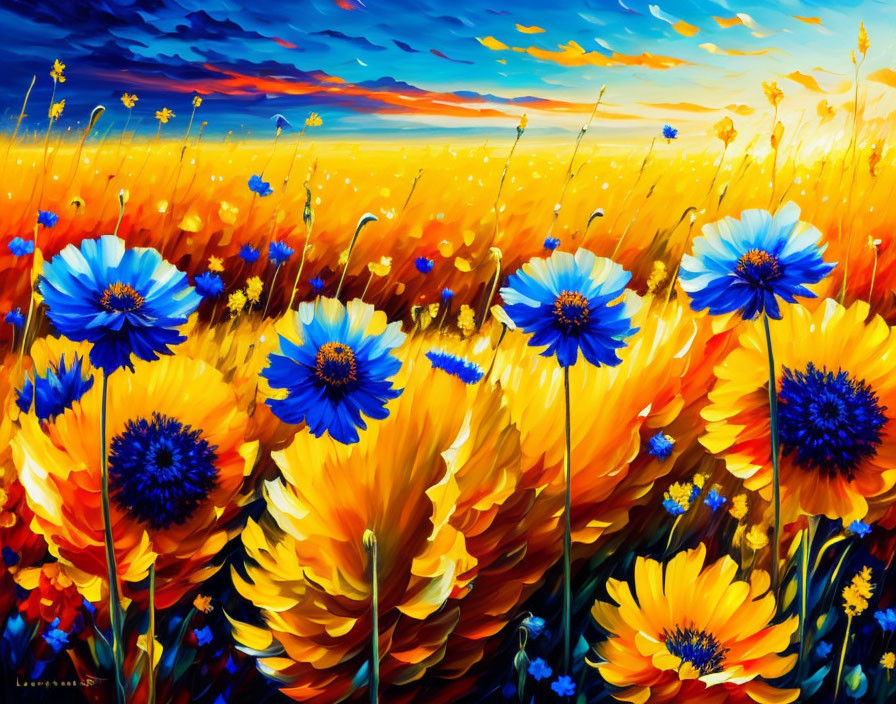 Colorful Flower Field Painting with Orange and Blue Flowers