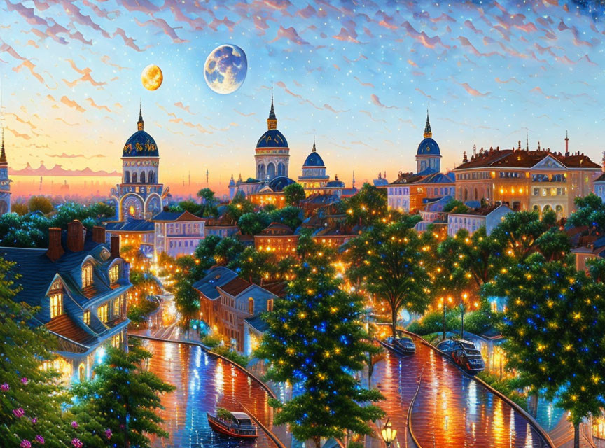 Vividly colored townscape at dusk with illuminated buildings, domed churches, river, and moon