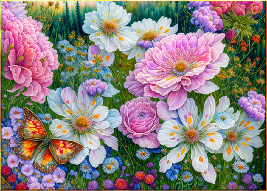 Colorful garden painting with blooming flowers and butterfly.