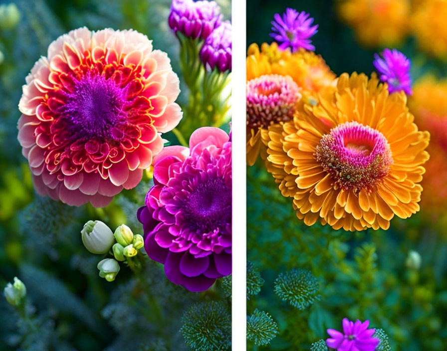 Colorful close-up of pink and orange marigold flowers with green foliage background.