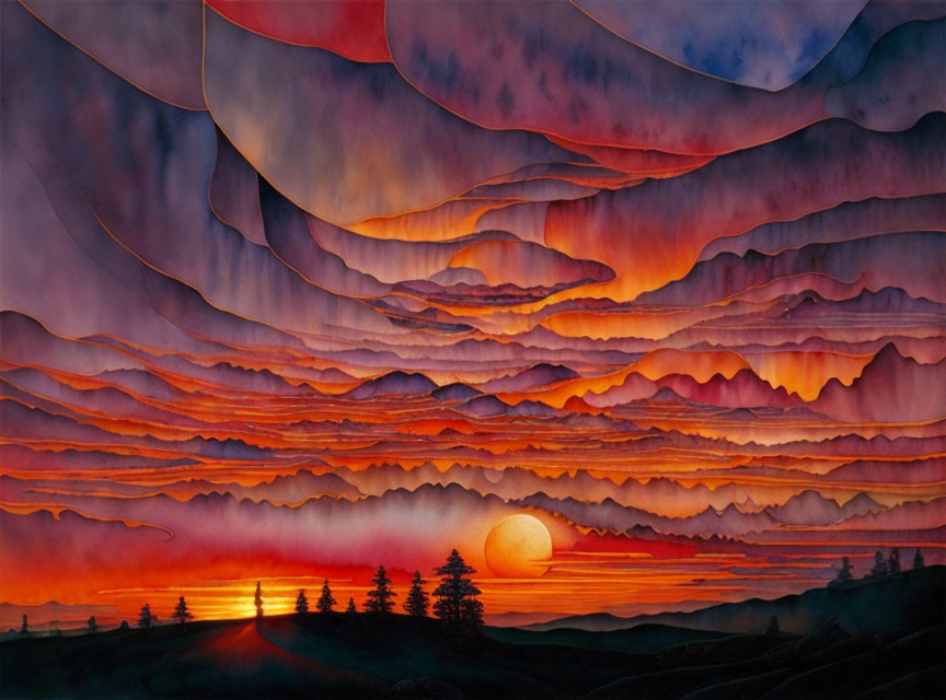 Colorful sunset painting of layered hills and clouds.