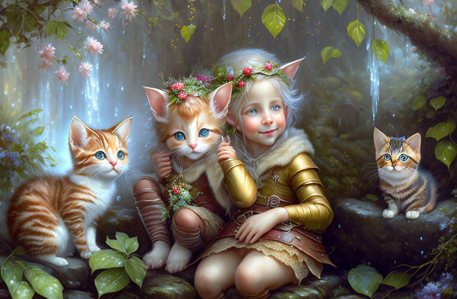 Fantasy illustration of child with elf ears surrounded by kittens in lush forest