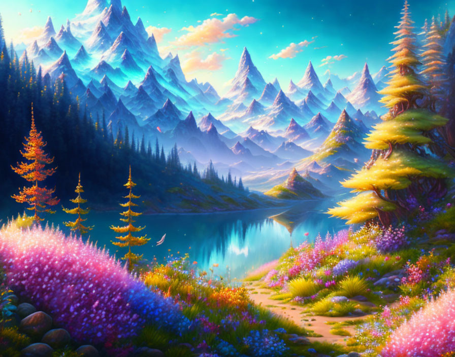 Serene lake reflecting snow-capped mountains and colorful flora in vivid landscape