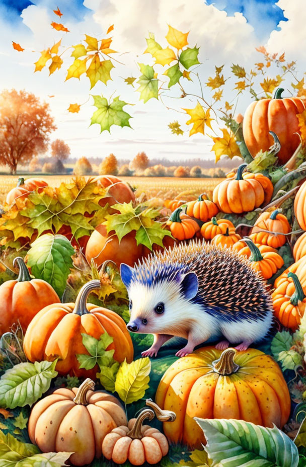 Hedgehog and pumpkins in autumn countryside scene