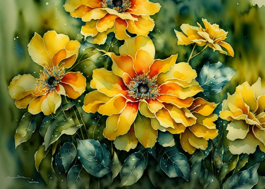 Colorful Watercolor Flowers with Green and Blue Leaves on Textured Background