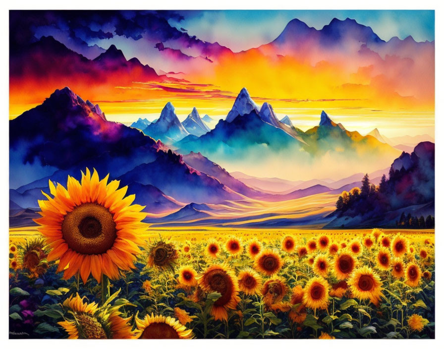 Sunflower Field Painting with Mountain Peaks and Sunset Sky