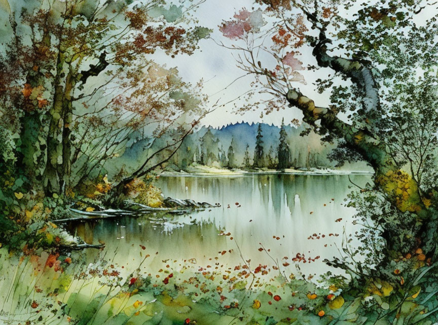 Tranquil watercolor landscape of a serene lake and lush trees