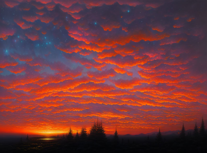 Colorful sunset with orange clouds, blue sky, stars, and silhouetted trees.