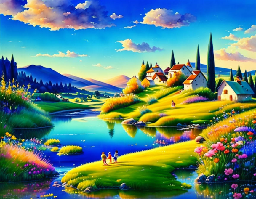 Scenic landscape painting with green hills, river, flowers, houses, and people under a blue sky