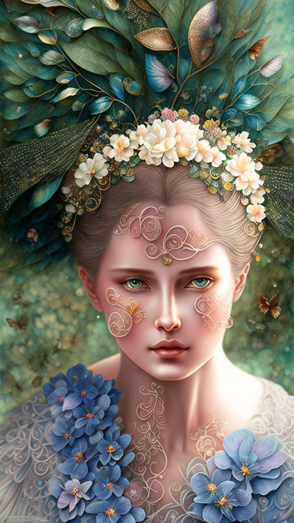 Digital artwork: Woman with floral headdress, gold facial patterns, blue attire