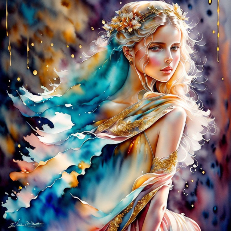 Colorful painting of a woman with floral crown in dreamlike setting