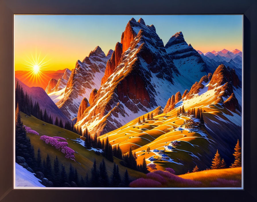 Mountain sunrise painting with sharp peaks, river, and wildflowers in frame