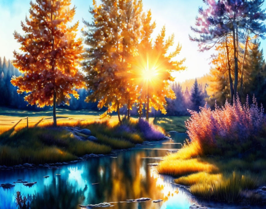 Tranquil river at sunset with autumn trees and vibrant colors