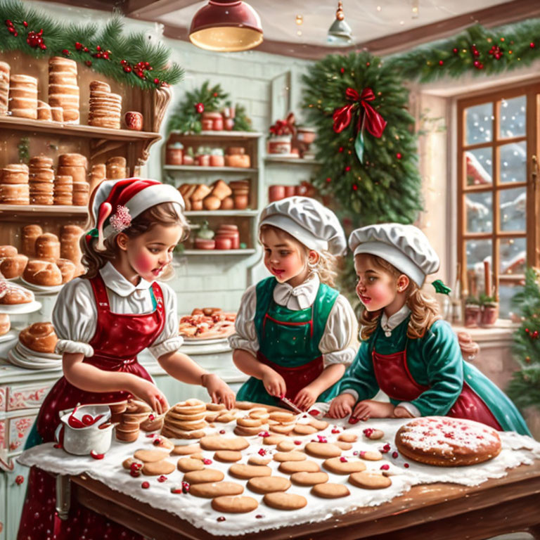 Children decorating cookies in festive Christmas kitchen.