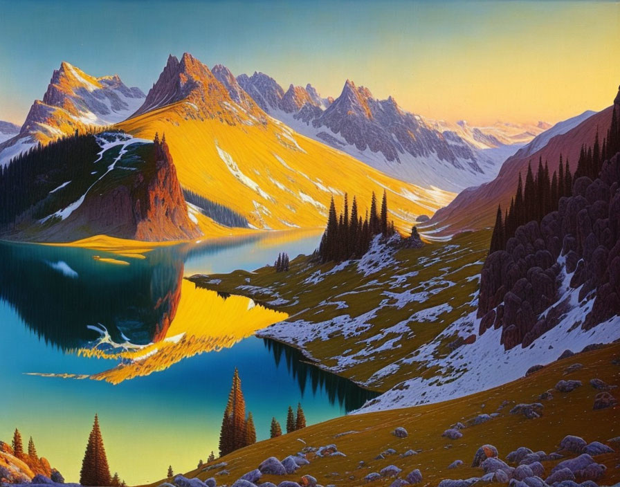 Tranquil mountain lake painting at sunset with vibrant reflections