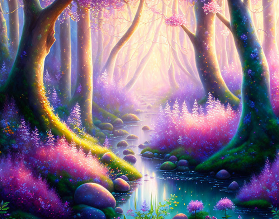 Vivid Purple and Pink Flora in Enchanted Forest with Sunbeams and Serene Stream