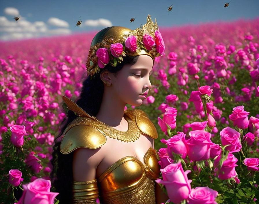 Young Girl in Golden Armor with Rose Crown Surrounded by Pink Flowers and Bees