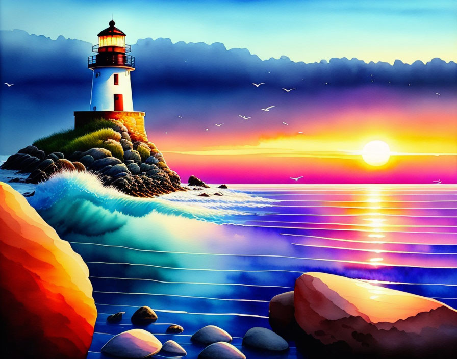 Colorful sunset over ocean with lighthouse on cliff illustration