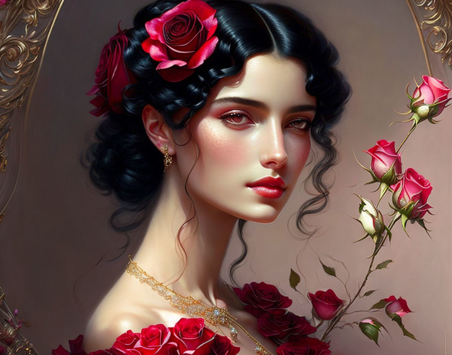 Portrait of a woman with dark hair and red rose, gold necklace, pink roses.