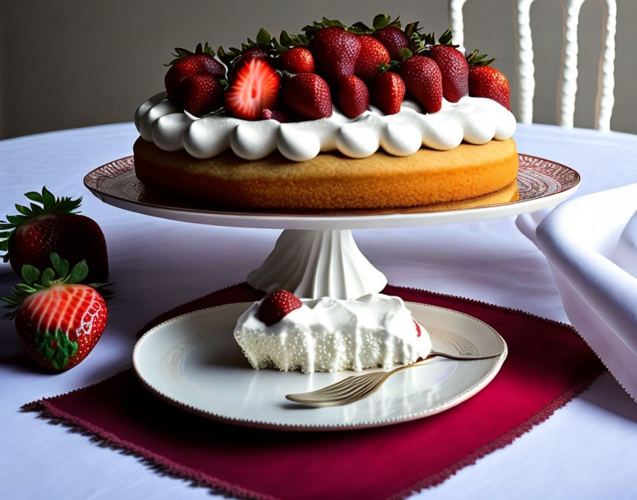 Sponge Cake with Whipped Cream, Strawberries, and Slice on Plate