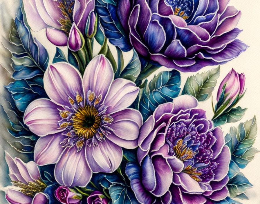 Detailed Illustration of Vibrant Purple and Pink Flowers in Realistic Botanical Art Style