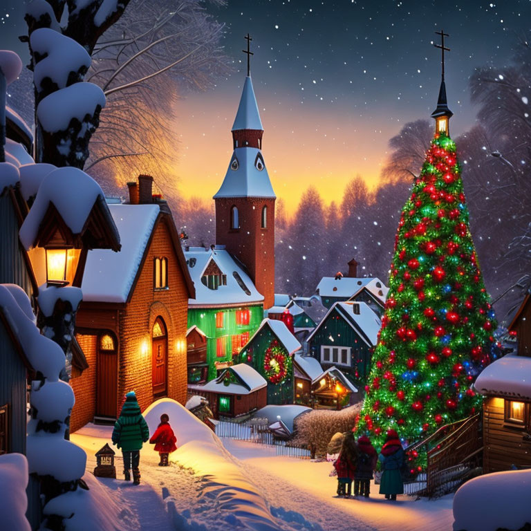 Snow-covered village with Christmas tree, glowing lights, and church spire at dusk.