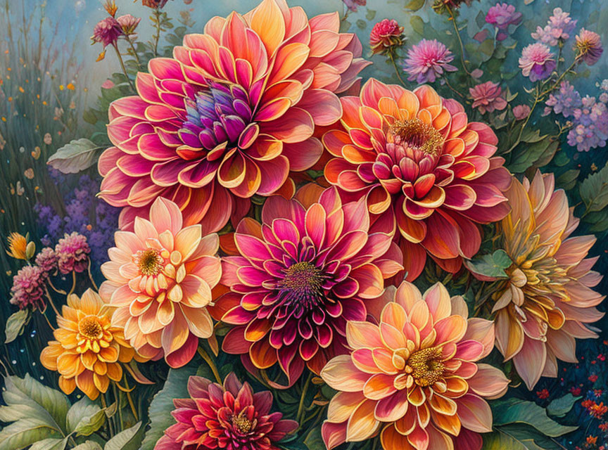 Colorful Dahlia Flowers Painting with Greenery Background