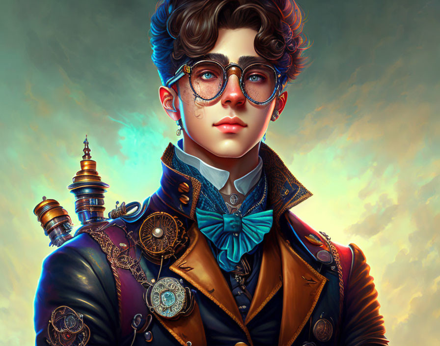 Young man in steampunk attire with bow tie and round glasses under cloudy sky