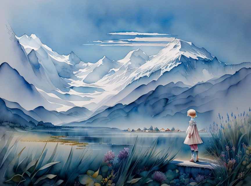 Child by serene lake with snowy mountains in misty background.