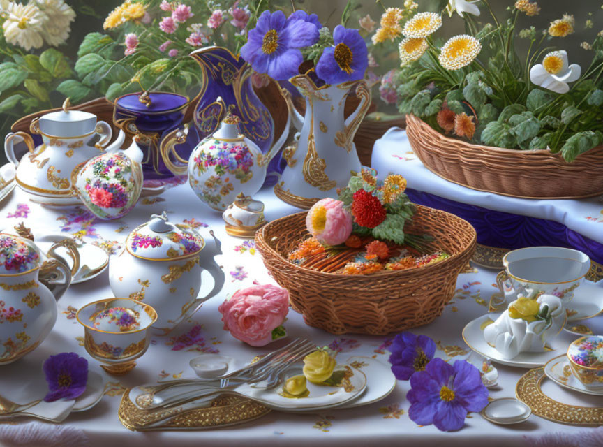 Sophisticated floral tea set with colorful flowers and pastries on luxurious table.