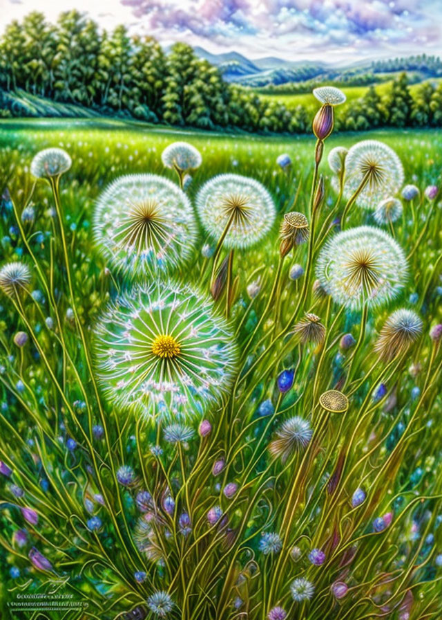 Colorful field painting with dandelions, greenery, and mountains under a sunny sky