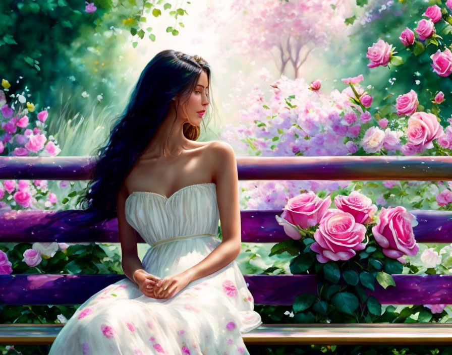 Woman in white dress on bench surrounded by blooming roses in lush garden