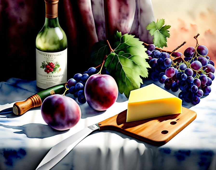 Still life with white wine, grapes, plums, cheese, and knife on cutting board