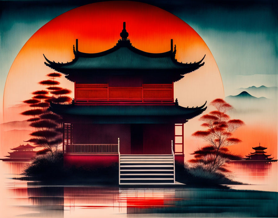 Asian Pagoda Silhouette with Red Sun and Reflection in Water