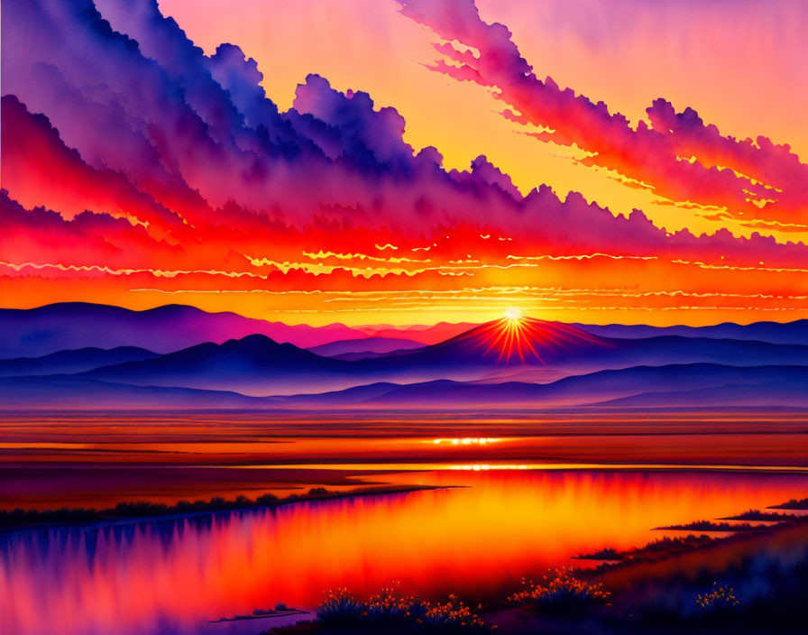 Colorful sunset reflected on water with dramatic clouds and distant mountains.