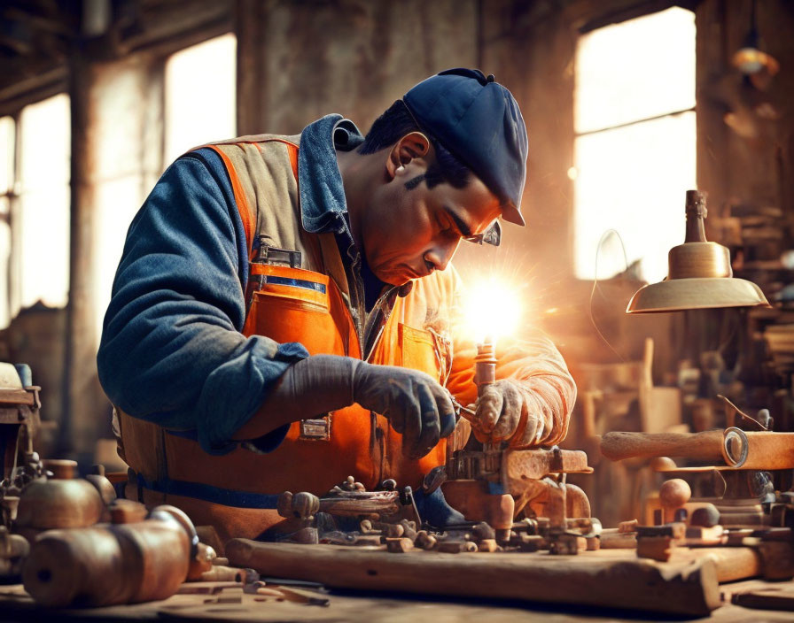 Craftsman in cap and overalls focused in wooden workshop.