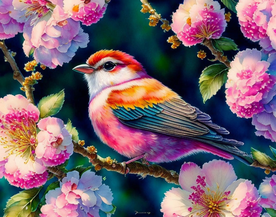 Colorful Bird Perched on Branch Amid Pink Blossoms