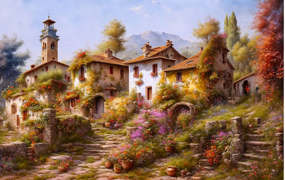 Stone houses, bell tower, blooming flowers in a mountain village landscape