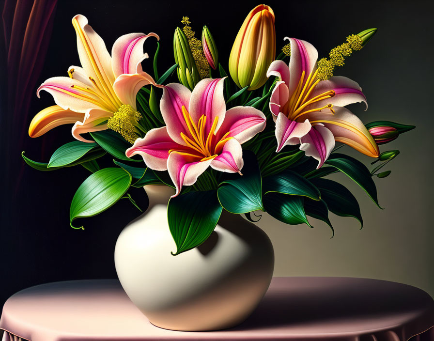 Pink and White Lilies Bouquet in White Vase on Pink Table