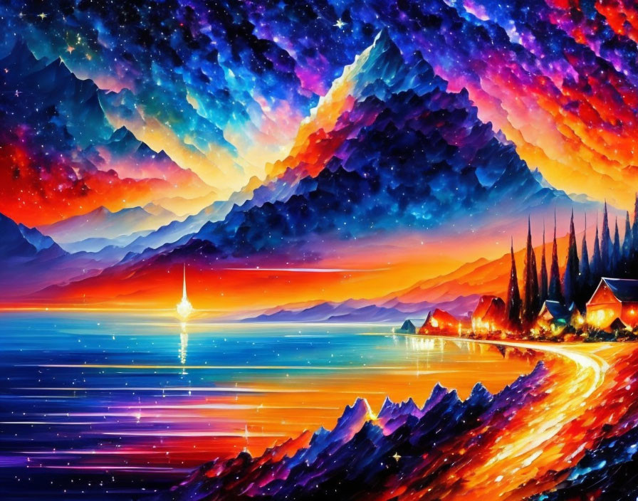 Colorful digital artwork of starry night sky and aurora over lake & sailboat