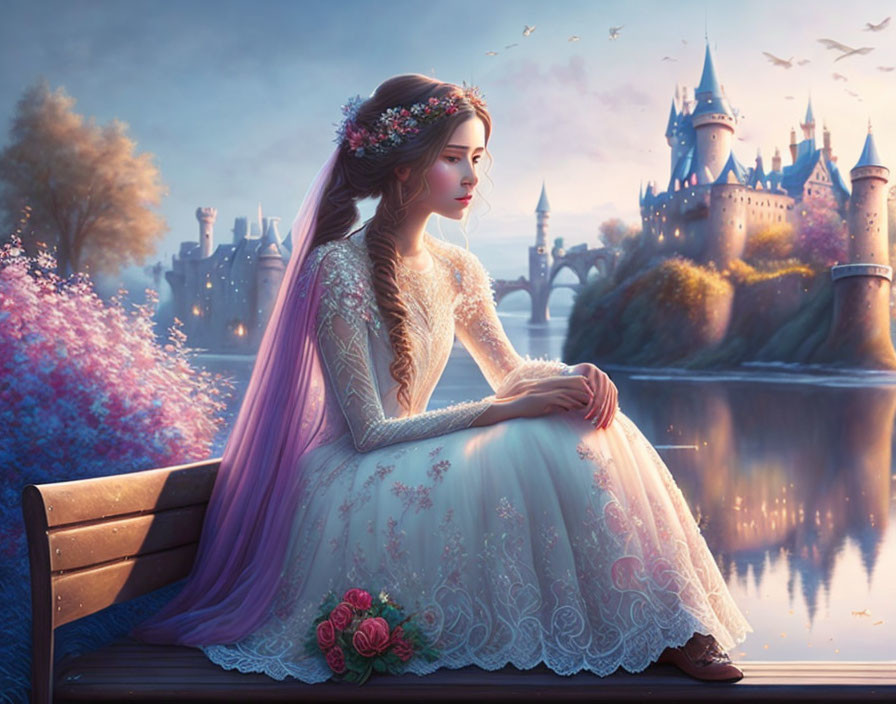 Woman in intricate gown with floral crown near castle and river at twilight