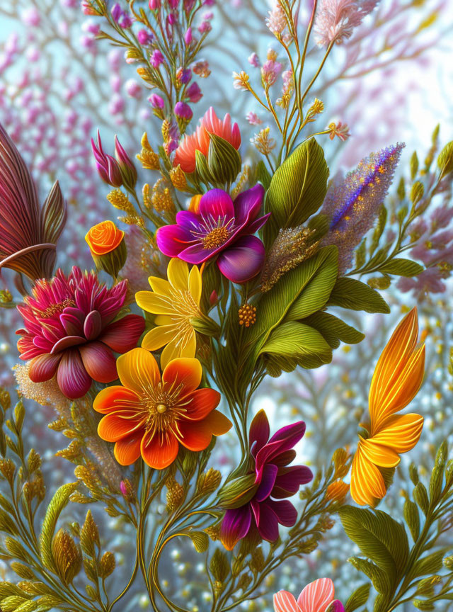 Colorful Illustrated Flower Bouquet Against Whimsical Foliage